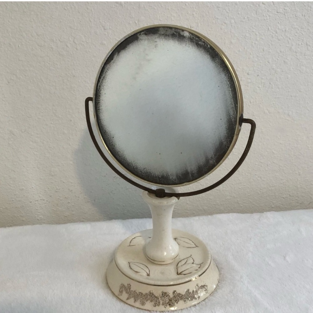 Vintage Porcelain Vanity Tilt Mirror Floral Base Tabletop Makeup Shaving Japan